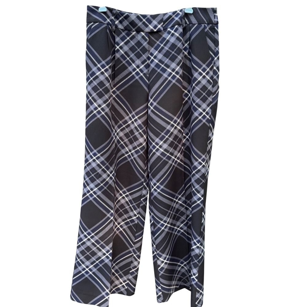 Preppy Plaid Wide Leg Pants Womens 12 Black Gray Stretch Office Quiet Luxury
